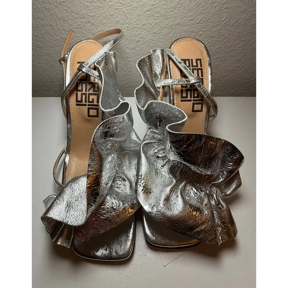NWT Sergio Rossi Metallic Crinkled Leather Strappy Heel Silver 35-35.5 / US 5